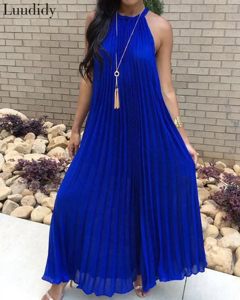 

Women 2020 Summer Halter Pleated Casual Maxi Dress