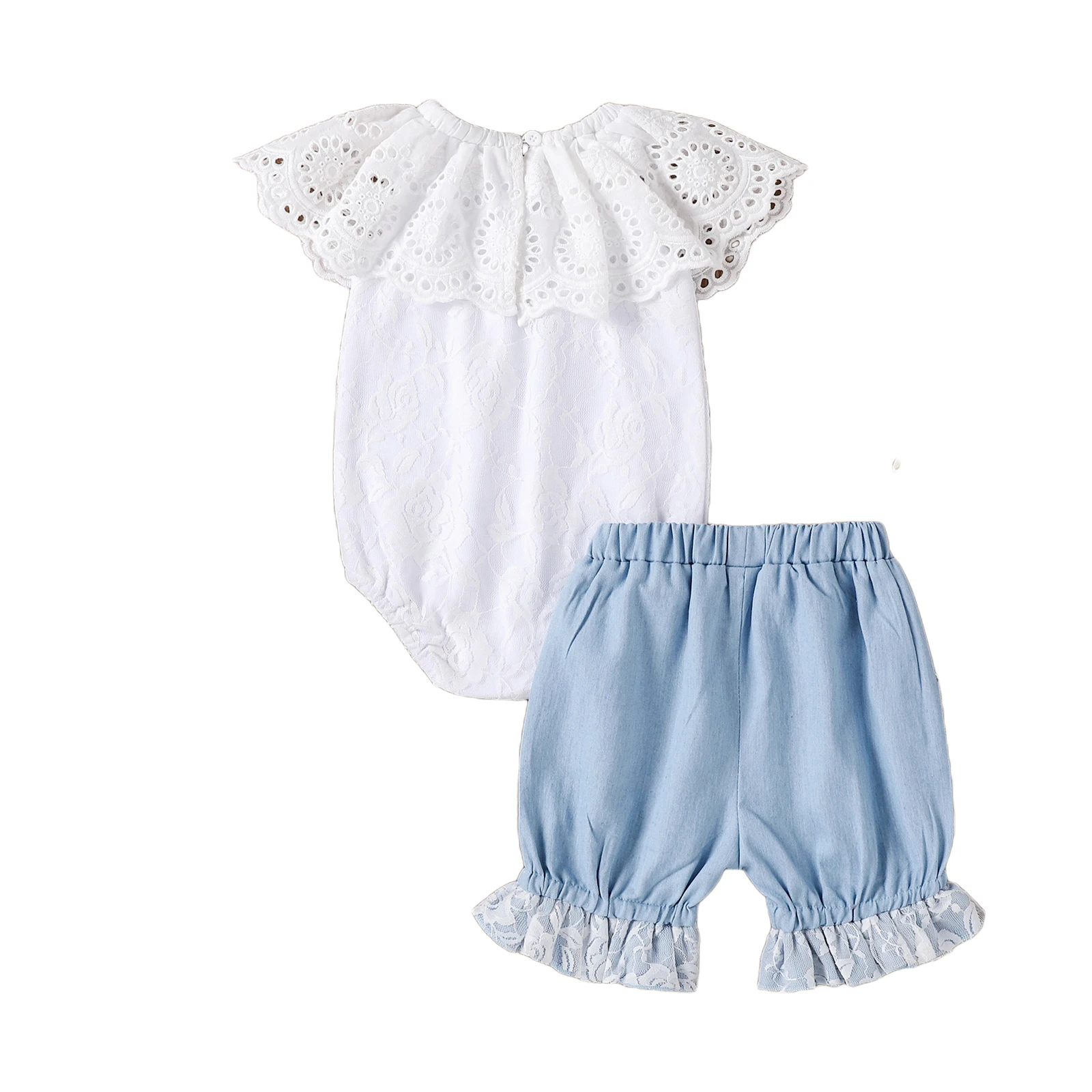 

2021-03-12 Lioraitiin 2Pcs Set 0-24M Newborn Baby Girl’s Clothes Fresh Solid Color Flounce Romper Lace Stitching Denim Shorts