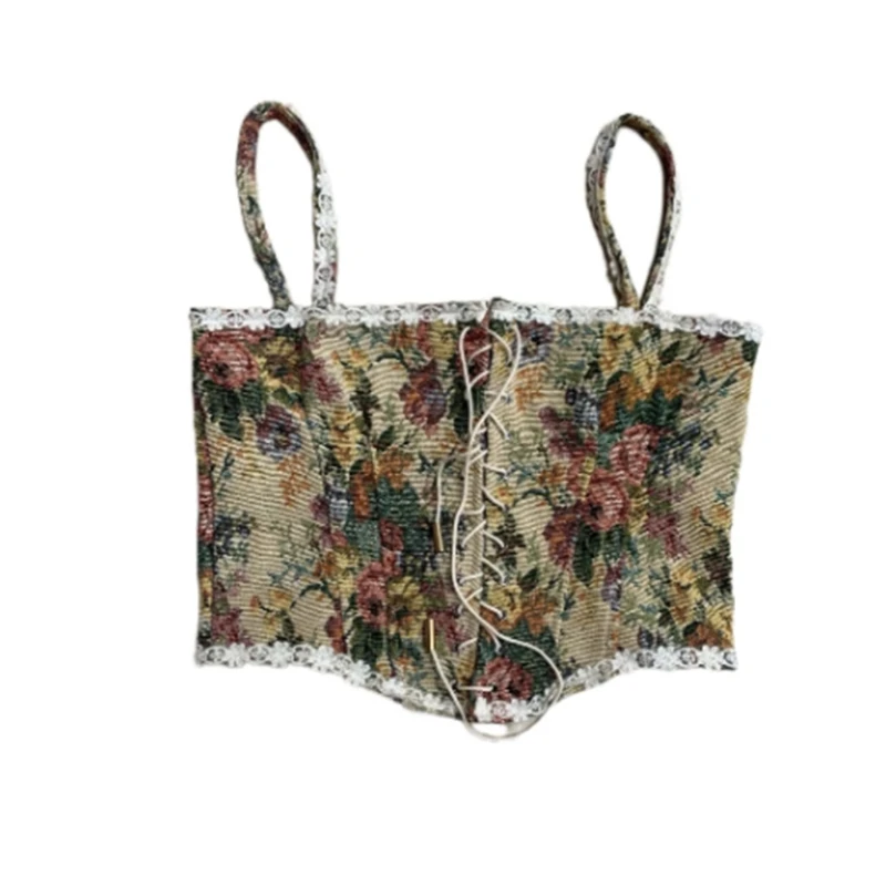 

Женский винтажный корсет с цветочным принтом, короткий топ в стиле пэчворк, облегающий бюстье, Майки с завязками для джинсов и юбки, на лето