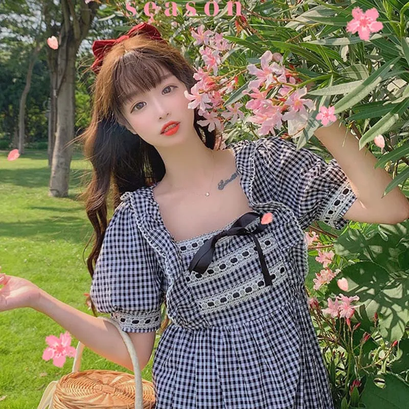 

Summer Japanese Sweet Academy Dress Kawaii Ruffles Girly Loose Dress Vintage Square Collar Plaid Bow Cute Puff Sleeve Dress 2021