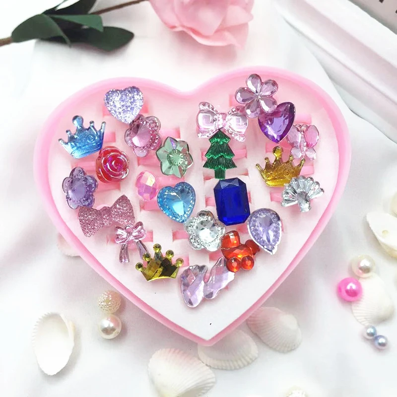 

24pcs/set Mix Animals Rabbit Flower Heart Baby Kids Girl Children's Cartoon Rings With Display Box For Christmas Gift