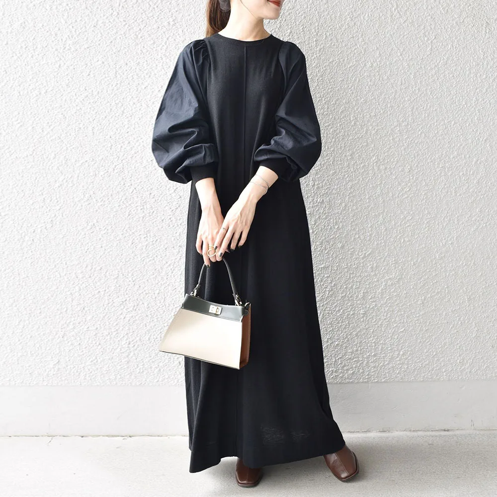 

Black Long Dress Women 2021 Autumn Long-sleeved Office Lady Simple Solid Elegant Japanese Style Female Casual Maxi Dresses