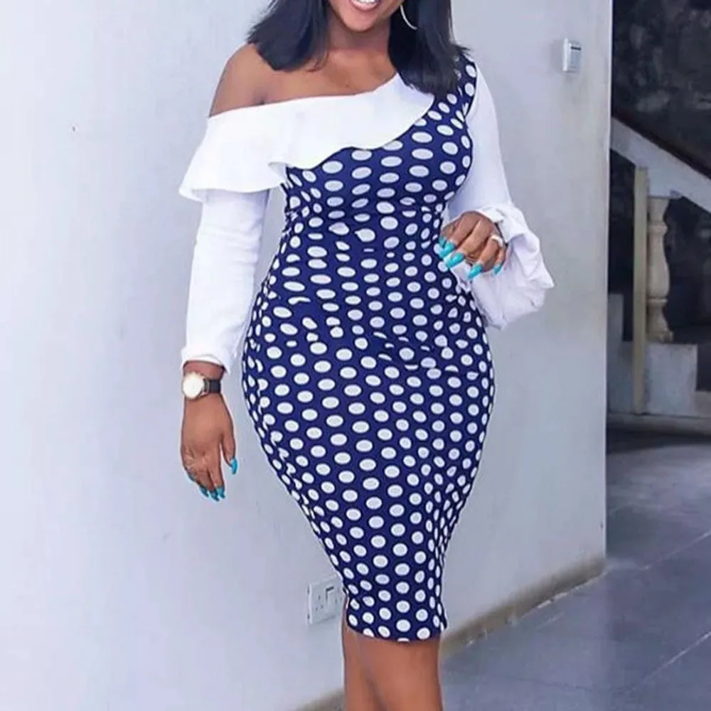 

Ruffles Women's Dress Fashion Chic Diagonal Collar Polka Dot Print Long Sleeves Bodycon Party African Female Dresses