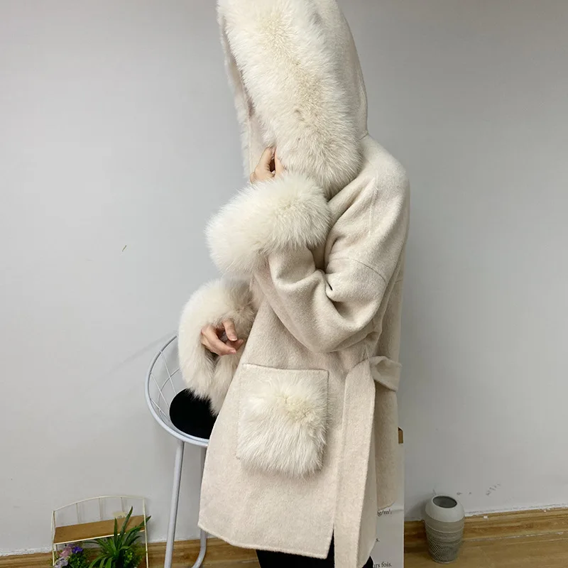 

2020 Winter New Natural Double sided Wool Coat with Real Fox For Fur Collar Medium Length Jacket Outerwear