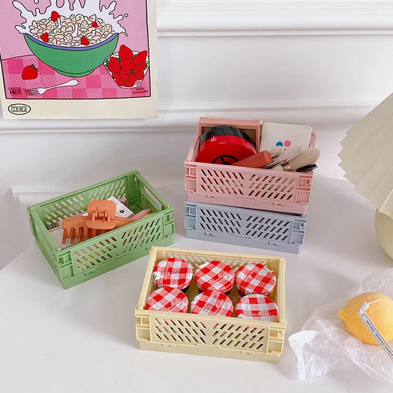 Ins Kawaii Desktop Folding Plastic Storage Basket Sundry Toys Snack Box Dormitory Artifact Finishing Small Frame | Дом и сад
