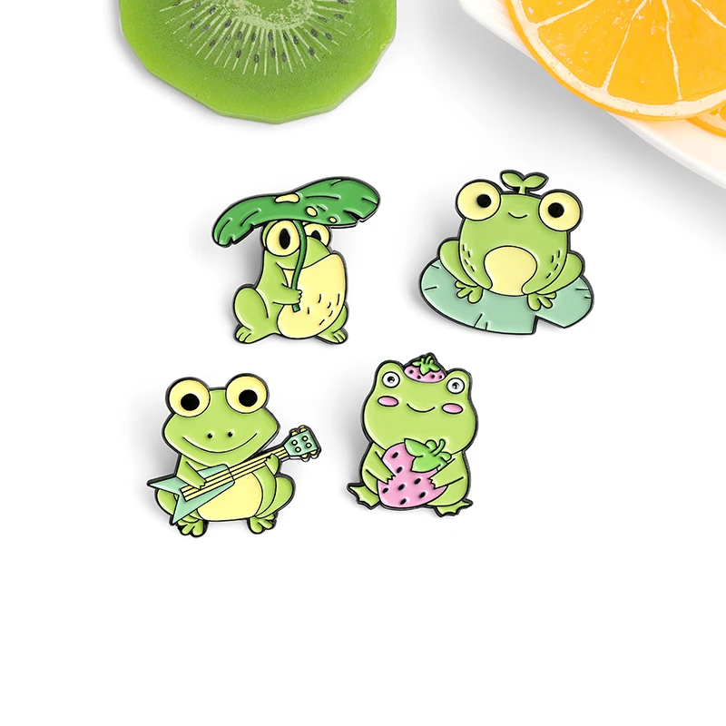 

QIHE Jewelry Frog Prince Enamel Pins Playing Guitar Lotus Leaf Brooches Badges Fashion Cute Pin Gifts for Friends Wholesale