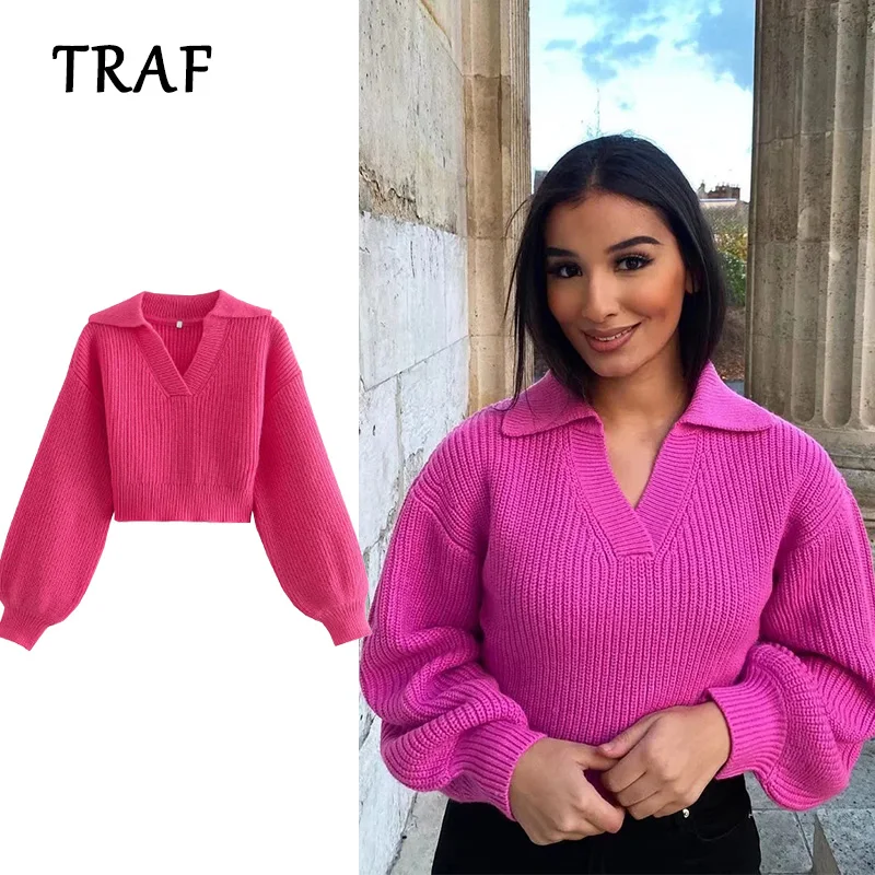

TRAF Za 2022 Women Sweater Casual Fashion New V-Neck Short Knitting Sweater Vintage Solid Color Pullovers Tops