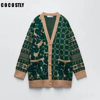 za autumn women sweater fashion jacquard knitted cardigan vintage jumper long sleeve pockets female loose coat chic tops
