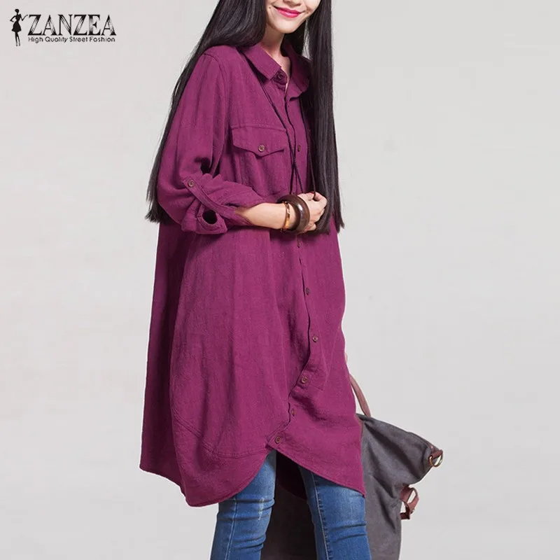Винтажное льняное платье рубашка Женский Осенний сарафан ZANZEA 2020 асимметричные