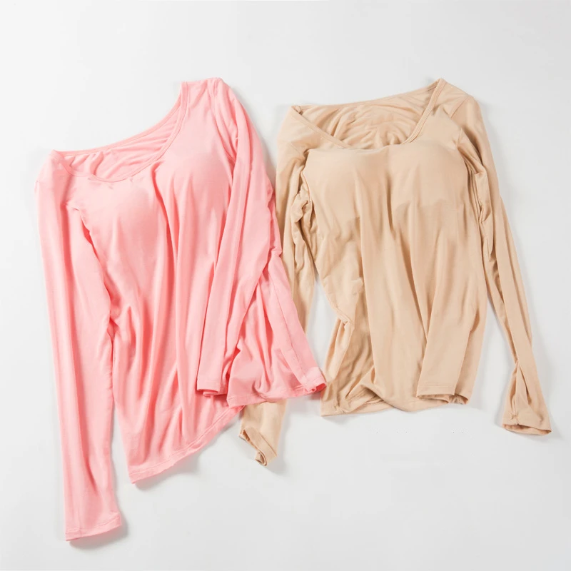 Женская футболка со встроенным бюстгальтером с круглым вырезом и длинными