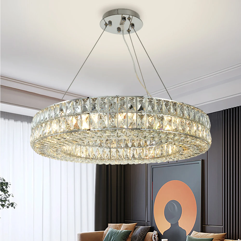

Hot Modern Chrome Chandelier Lighting Round Ring Dining Room Living Room Bedroom Hanging Lamp Light Fixtures Stainless Steel E14
