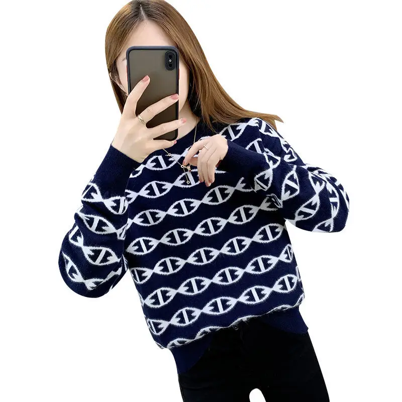 

Jacquard Pullover Sweater women's new fall dress 2020 small short style foreign style with knitted bottom top