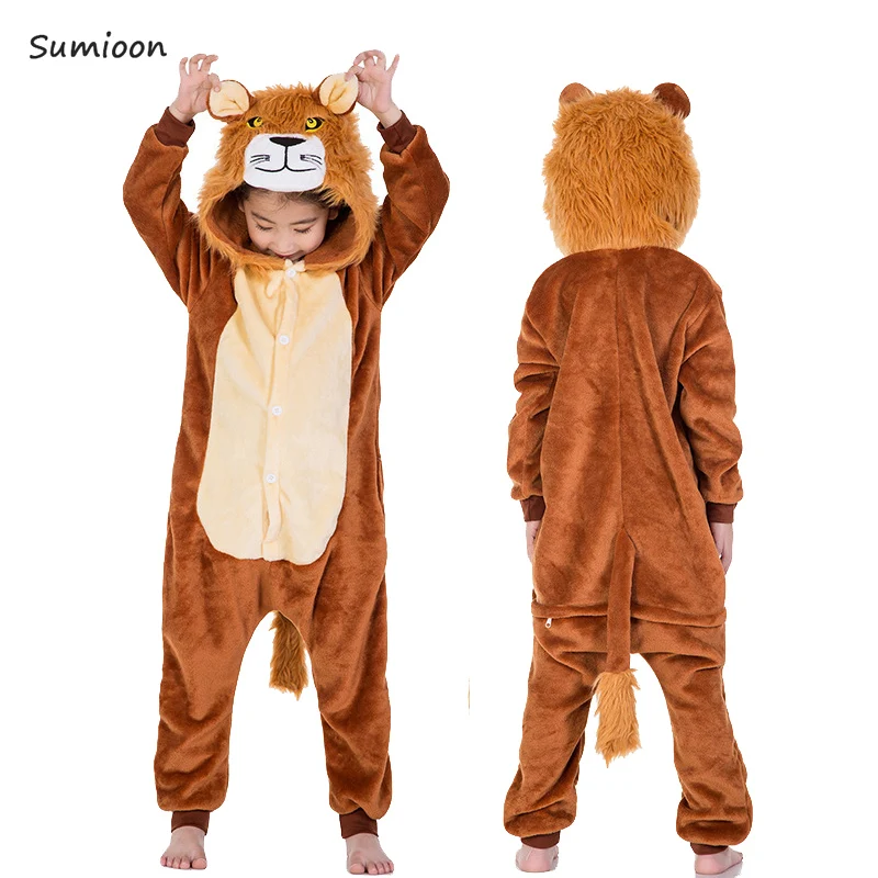Lion Детские пижамы кигуруми, комбинезон, детские пижамы с единорогом для мальчиков и девочек, пижамы, зимние пижамы с изображением панды, одежда для сна для подростков, детский комбинезон - Цвет: Lion