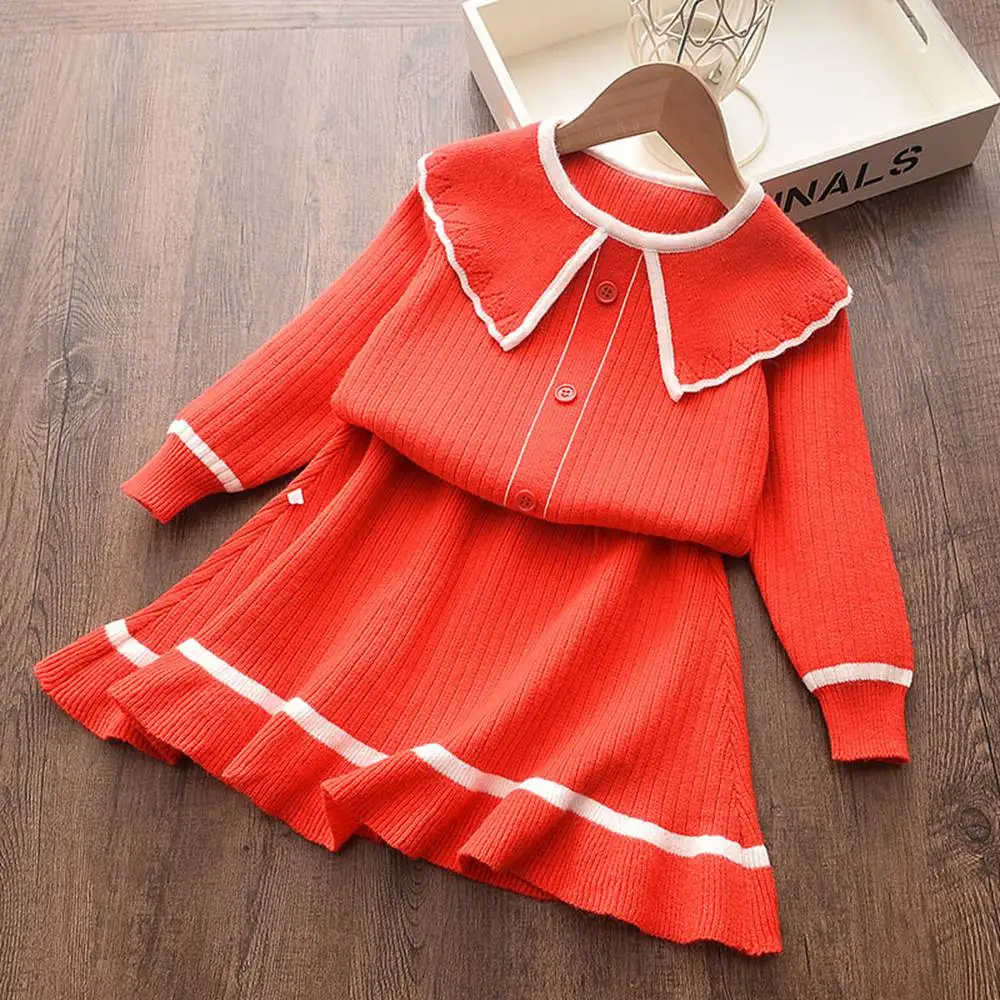

Long Sleeve Cardigan Sweater Outwear Knit Skirt Kids Chindren 2020 Autumn Suit Girls Princess 2PCS Knitwear Clothes Set