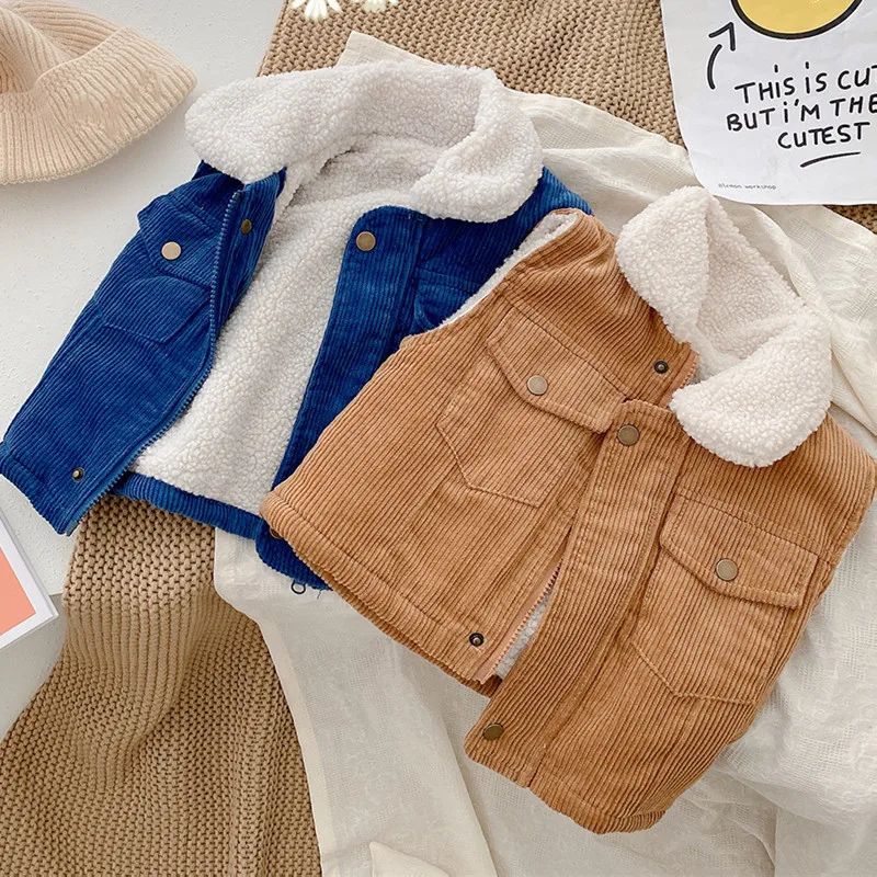 

0-6 Years Old Children's Corduroy Vest 2021 Winter New Men's And Women's Baby Plus Fleece Jacket Warm Lapel Jacket