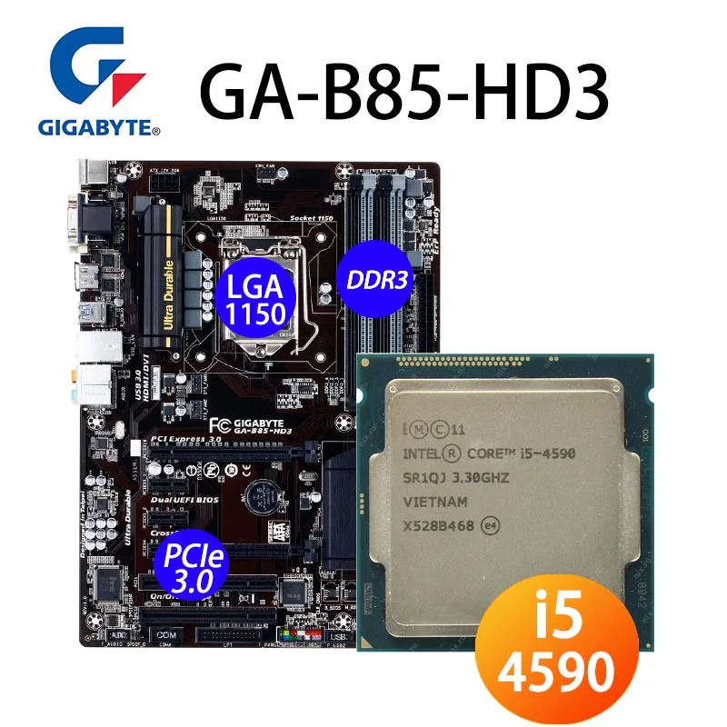 Verkauf LGA 1150 Gigabyte B85-HD3 Motherboard + CPU Intel Core I5 4590 Motherboard Set LGA 1150 I5 4590 DDR3 32GB Desktop B85 Placa-mãe