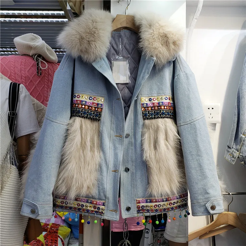 

Winter Thick Warm Cotton Liner Parker Natural Fox Fur Splicing Denim Jacket Women Outerwear Embroidery Jeans Jacket Coat Female