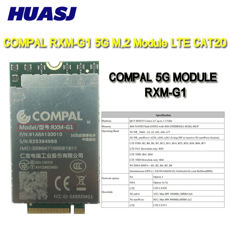 Huasj RXM-G1 5G M.2  QCT SDX55 Cortex-A7  1, 5  LTE CAT 20 PCIe M.2 Key B  IPV4 IPV6