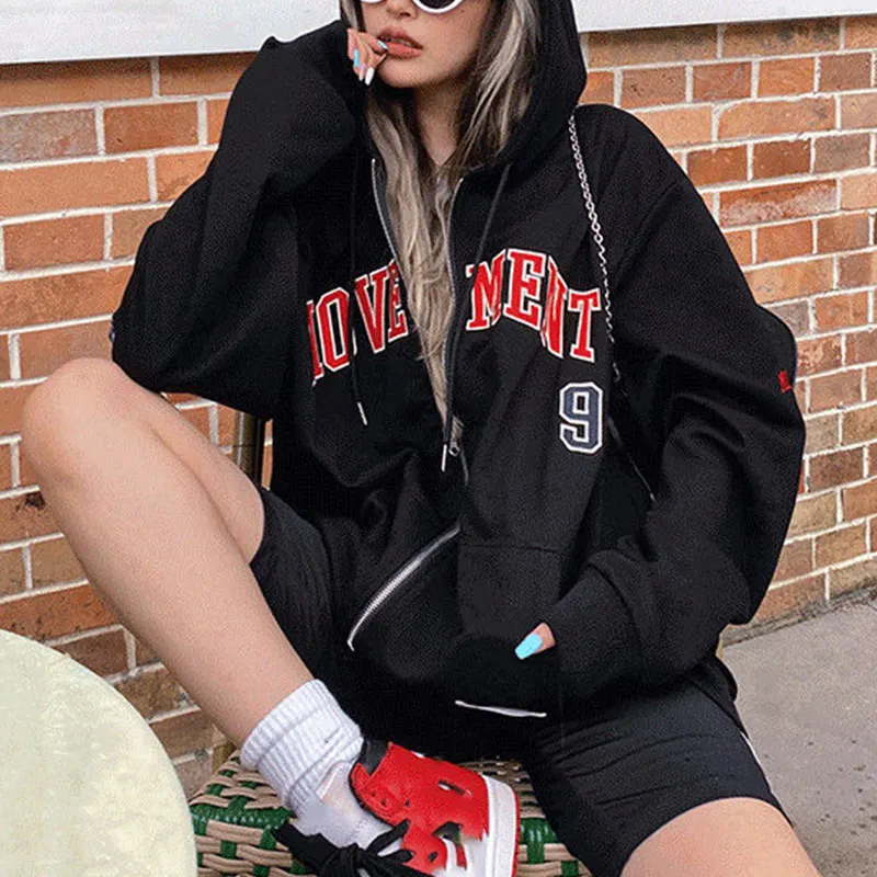Кофта женская Свободная с капюшоном на молнии вышитыми буквами 2021 | Женская