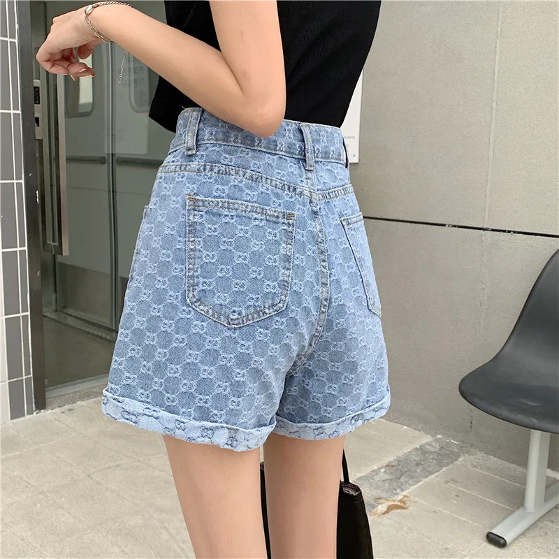 

Short en jean pour femmes, ample, taille haute, lettres imprimees, brode, sexy, nouvelle collection ete 2021