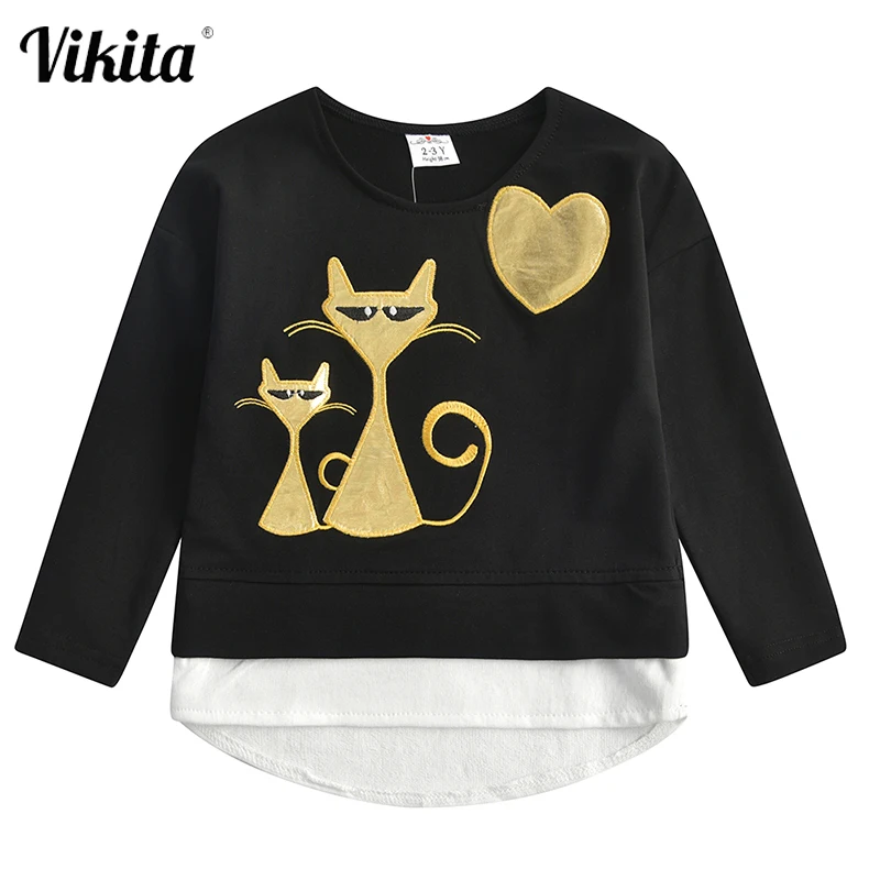 VIKITA/футболка с блестками для девочек топы длинными рукавами рисунком кота