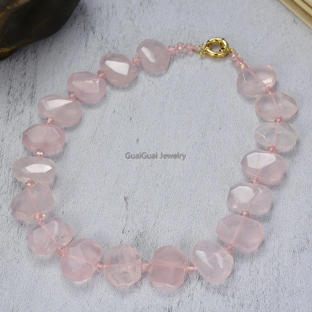 

GG Jewelry 18'' 20x23MM Natural Pink Crystal Rose Quartz Faceted Slice Rectangular Necklace