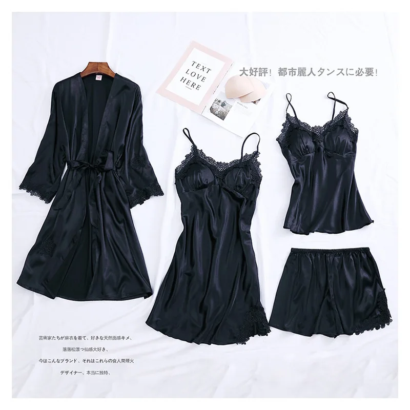 

4 Pieces/set Women Pajamas Sets Satin Lace Sexy Pijama 2019 Pyjama Mujer Pyjamas For Women Silk Sleepwear