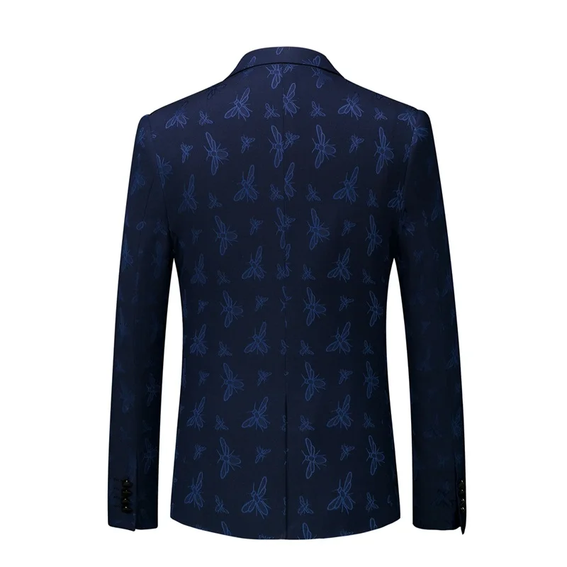 YUNCLOS Animal Dark Blue Men's Suit Slim Flat Collar Bee Suits Men Party Tuxedos Singer Stages Fast Delivery 2XL | Мужская одежда