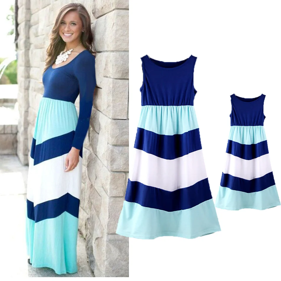 

Mom and Daughter Matching Clothes Summer Style Solid Color Stitching Long-sleeved Dress Mommy and Me Fashion Dress