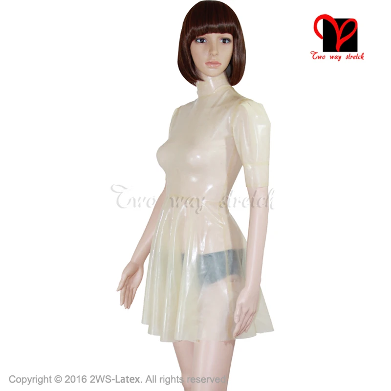 

Sexy Swing Skater Latex Dress Puff short sleeves Maid Rubber flare tail baby doll Playsuit Bodycon Transparent plus size QZ-003