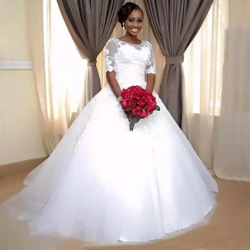 

Custom Half Long Sleeves Lace Wedding Dresses with Appliques Jewel Neck Sweep Train Tulle African Wedding Bridal Gowns