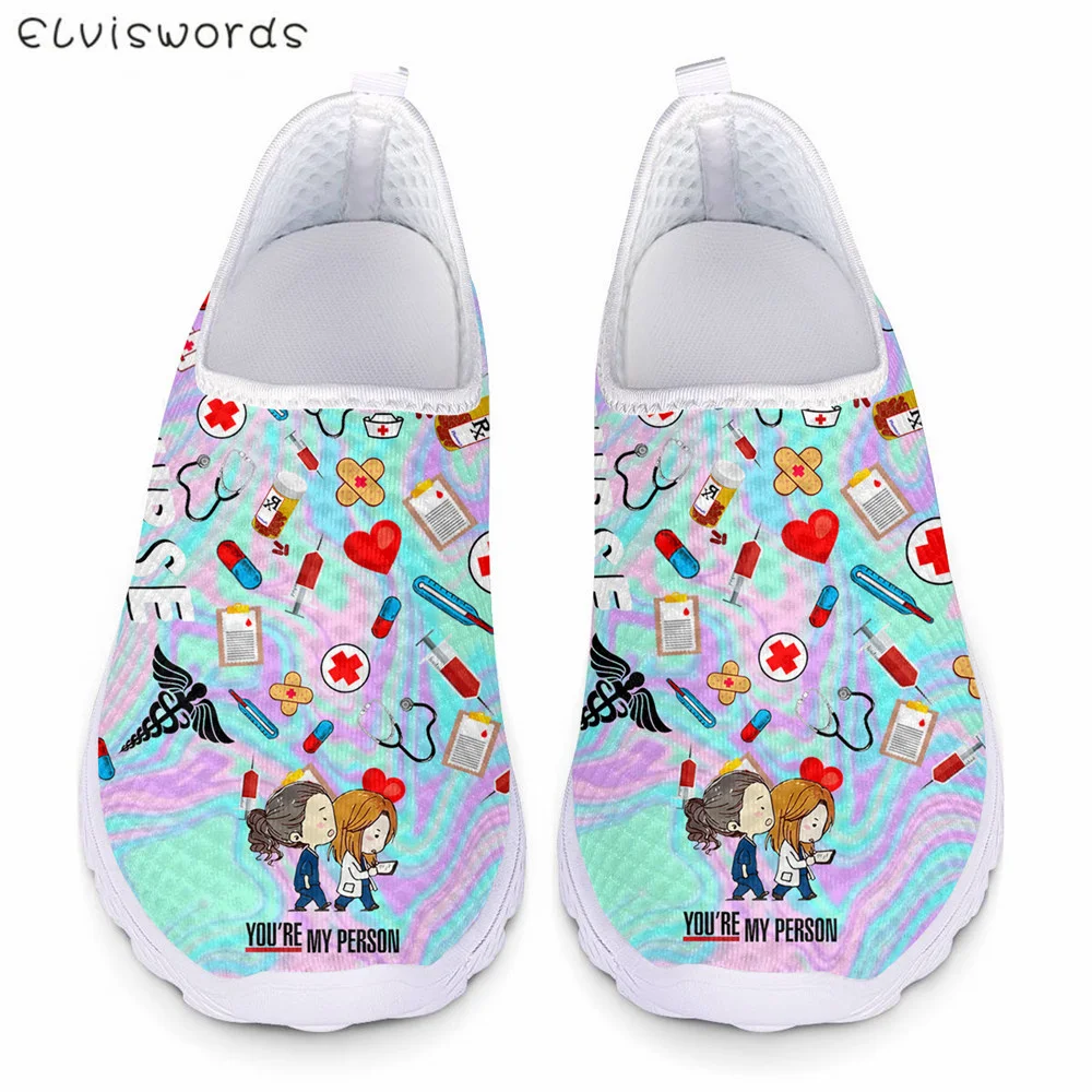 

ELVISWORDS Women Casual Nurse Shoes Mesh Flats Sneakers Holographic Cartoon You are My Person Design Medical Loafers Walk Shoes