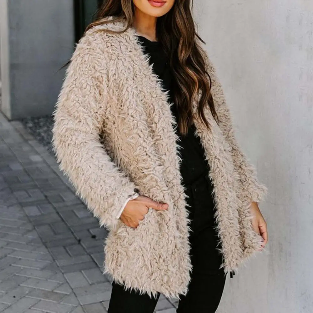 

Cold Resistant Fall Winter Solid Color Pockets Women Fluffy Jacket for Home