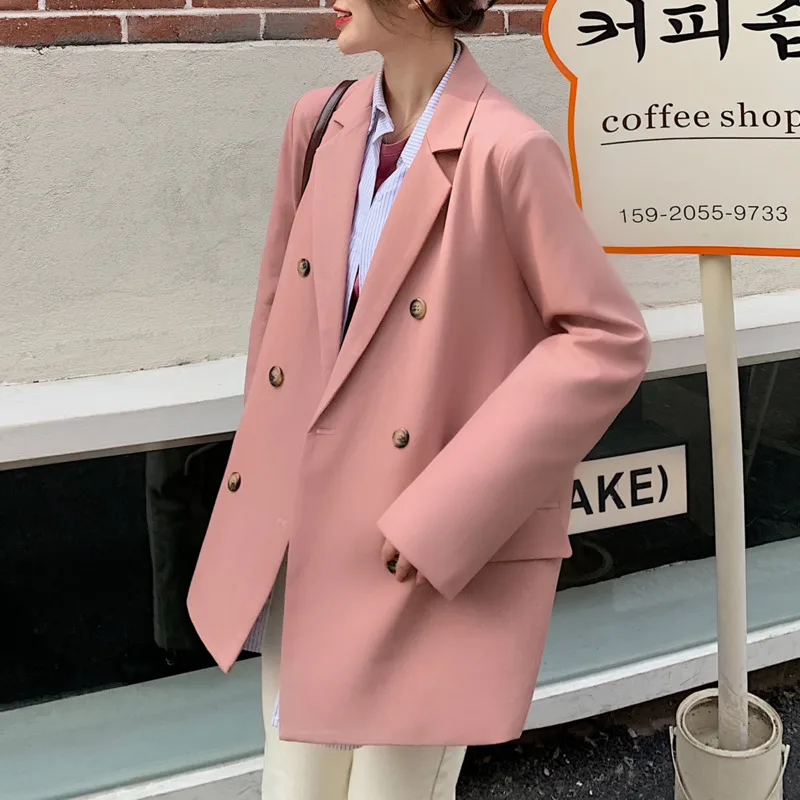 

Spring Women's Blazer Full Sleeve Double-Breasted Female Loose Solid Color Casual Blazer Suits Jacket Street Wear Veste Femme