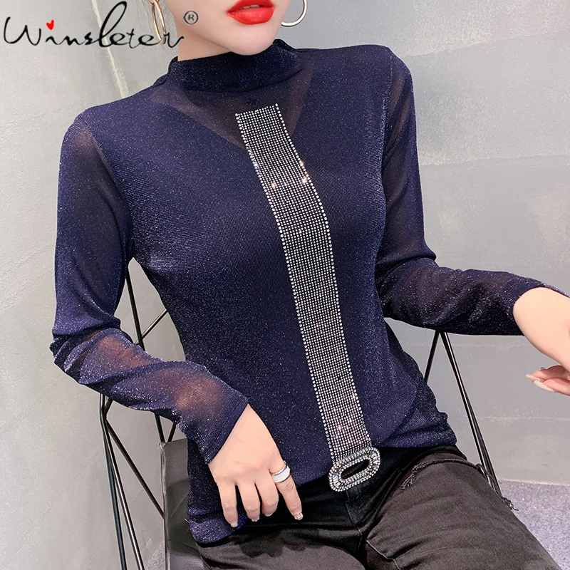 

Spring Fall T-Shirt Sexy Turtleneck Patchwork Mesh Shiny Diamonds Women Tops Bottoming Shirt Casual All Match Tees 2021 T16308A