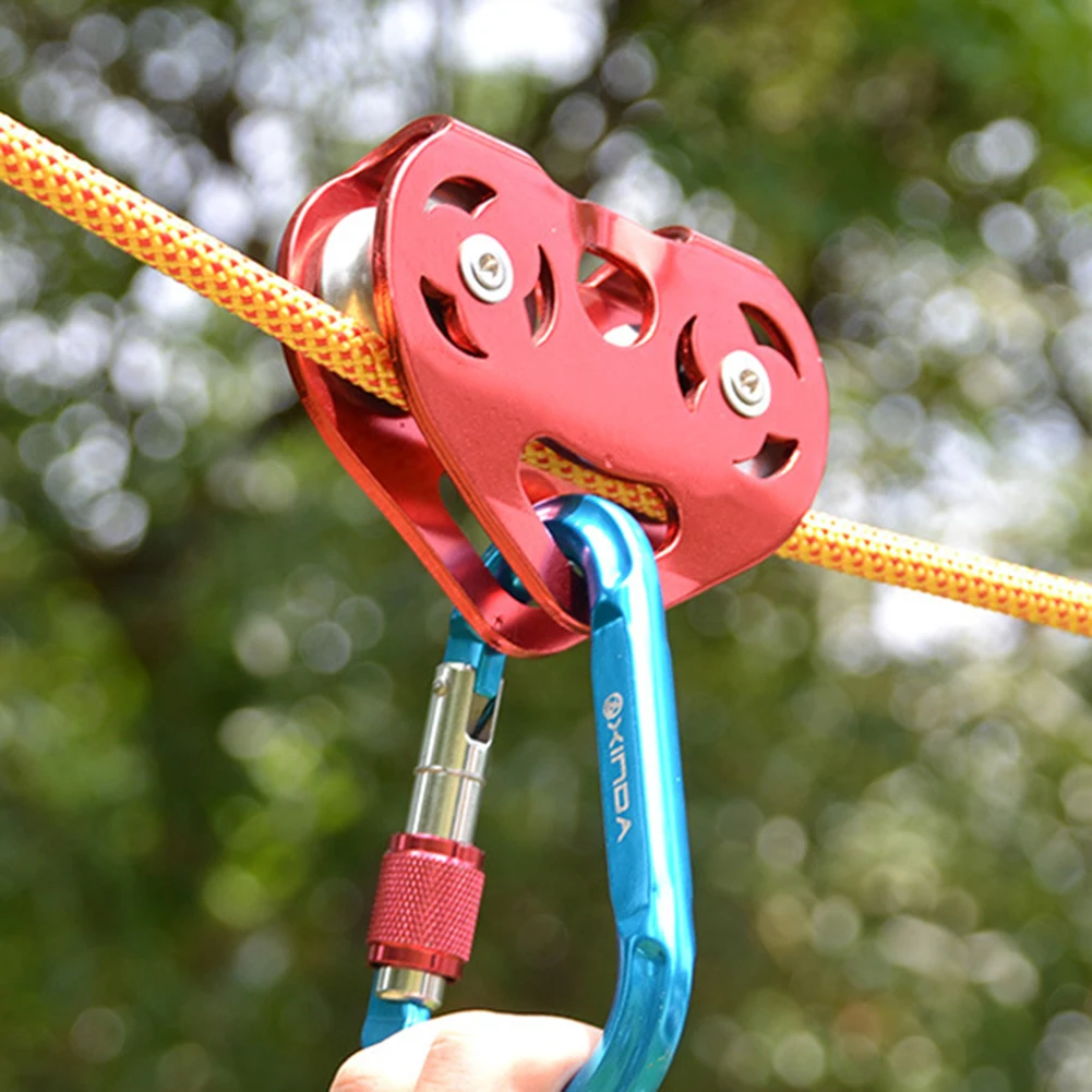 

2500kg Mountaineer Rock Climbing Pulley Outdoor Crossing Twin Wheels Pulley Aluminum Tandem Double Pulley With Ball Bearing