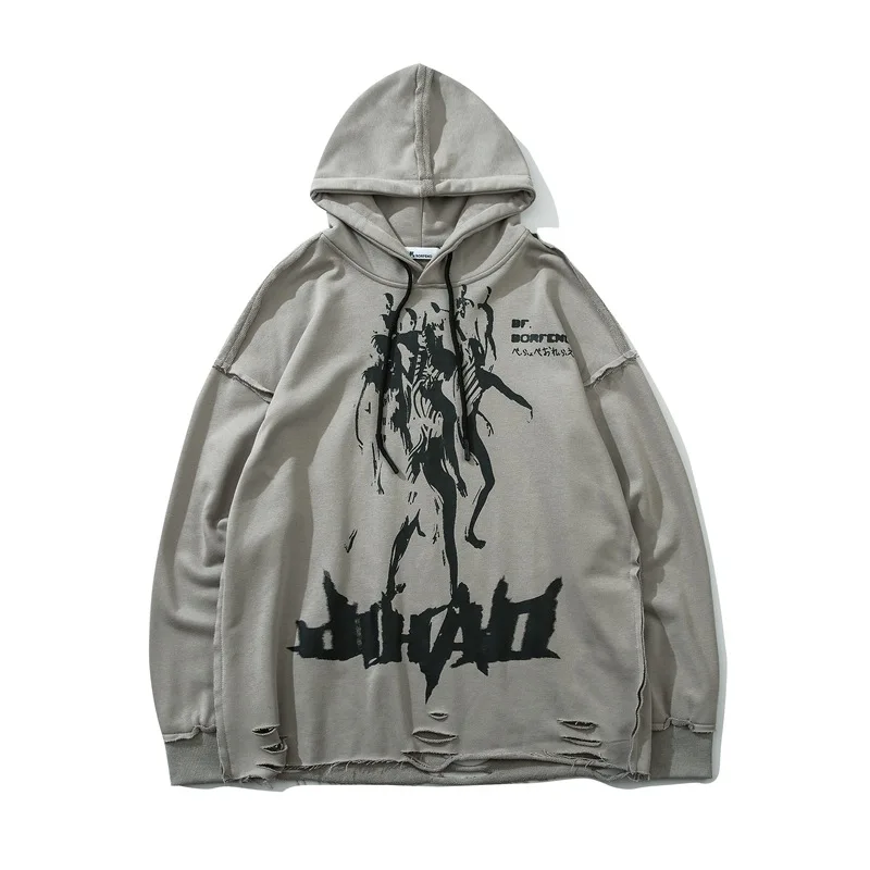 

High Street Loose Oversize Hooded Sweatshirts Men Women Fashion Couple Pullover Hip Hop Spoof Print Casual Ripped Hoodie Outwear