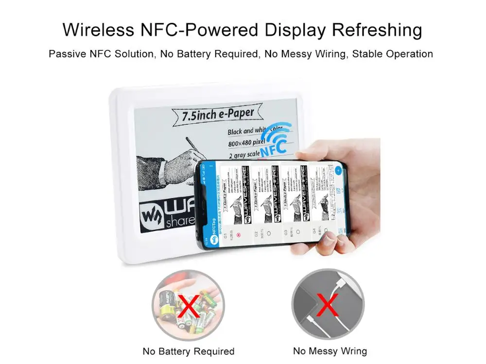 Waveshare 7.5inch Passive NFC-Powered e-Paper, No Battery, Wireless Powering & Data Transfer