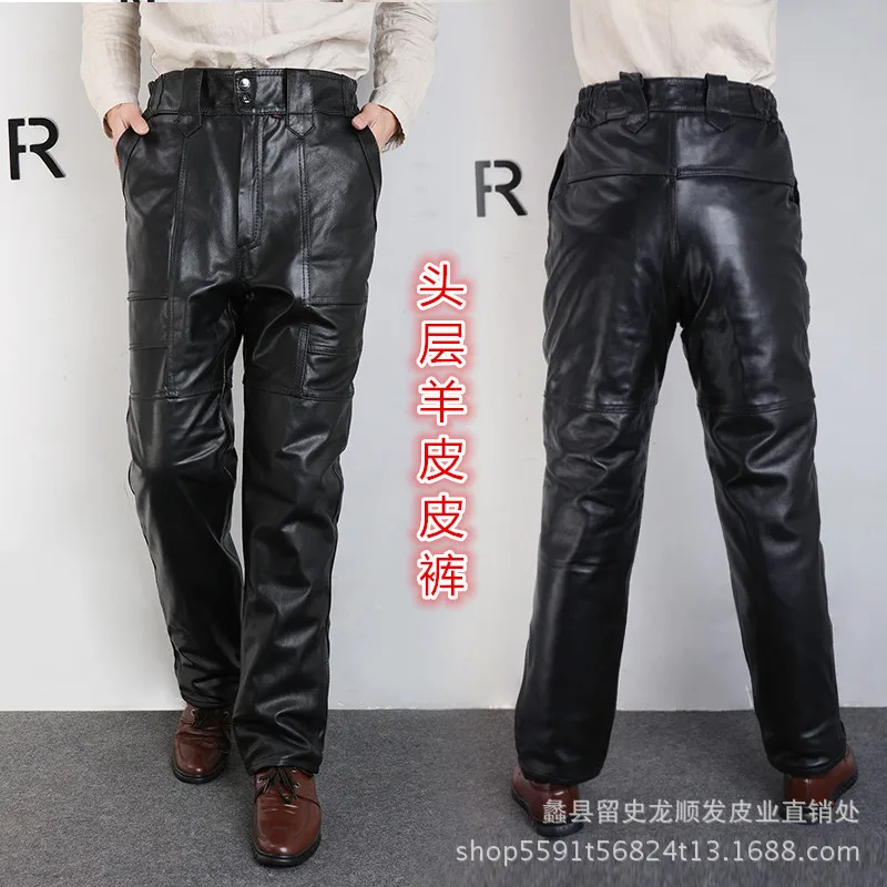 Мужские кожаные брюки теплые из овчины для отдыха осень/зима 2020|Повседневные