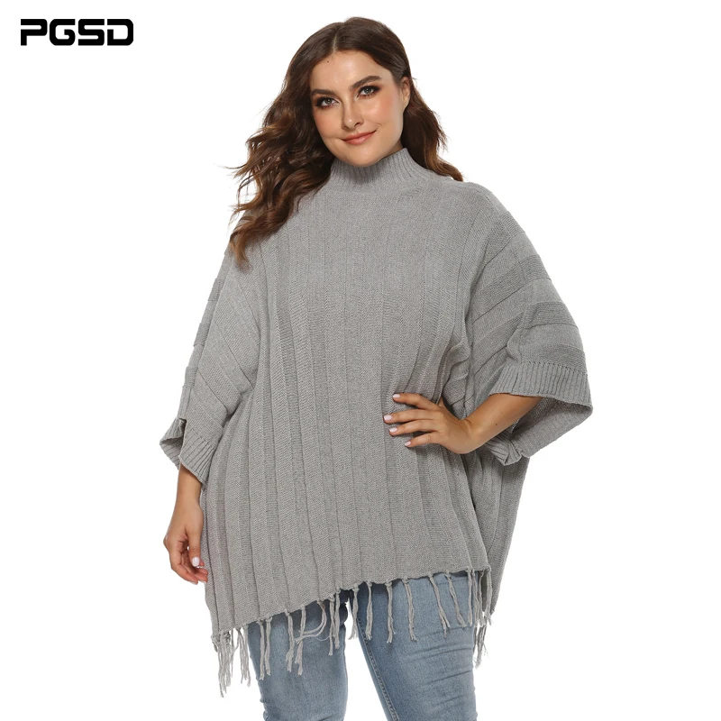 

PGSD Autumn Winter Big Size Bat Sleeve Turtleneck Loose Casual Women Sweater Stitched Fringe Solid Knit Stripe Pullover Female