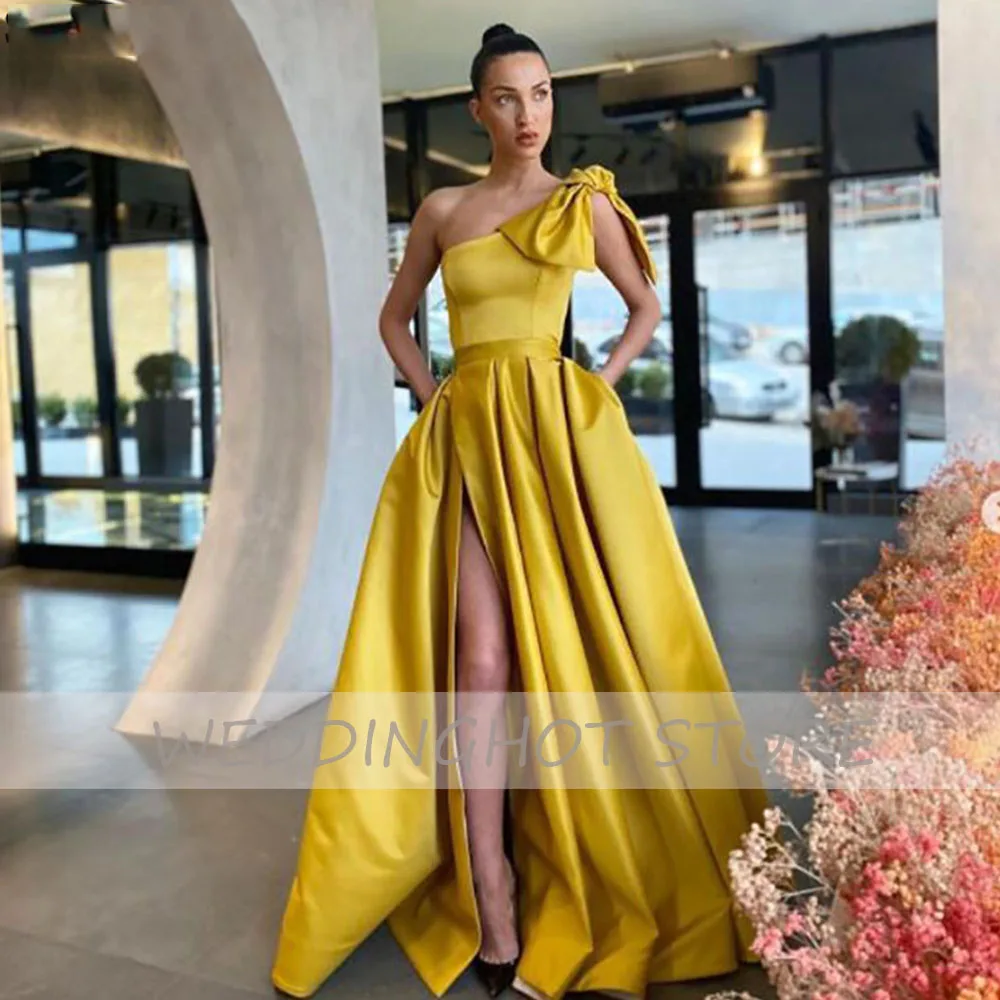 

Gold Satin Evening Dresses Long 2021 High Side Split Bow One Shoulder Prom Party Gowns sexy Plus Size Custom vestido de fiesta