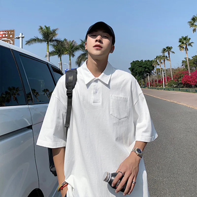 

Men's short sleeve T-shirt lapel handsome fashion polo shirt solid color Hong Kong wind original wind half sleeve