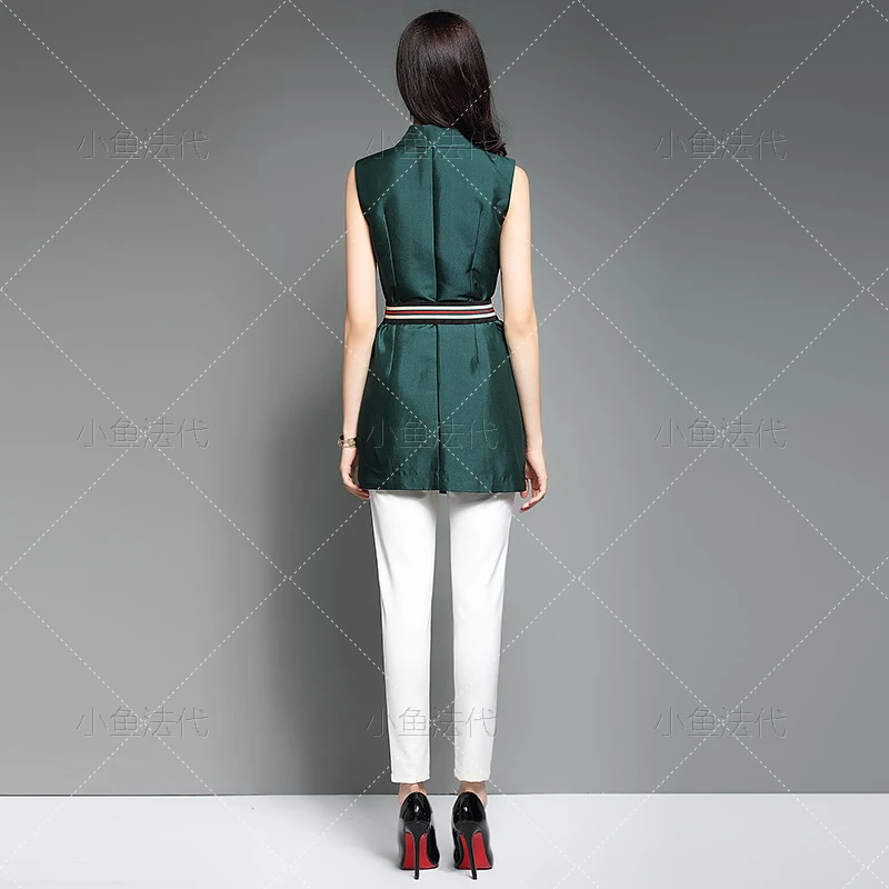 

With Belt European Runway Sleeveless Blazers Women Coat Woman Autumn Spring Elegant Green Coat Spliced Office Blazers NS752