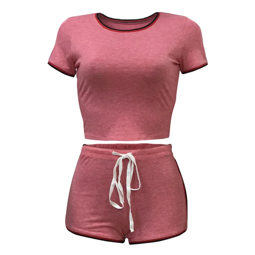 

Fashion Women Sports Suit Lady Splits 2 Piece Casual Suit Set Round Neck and Shorts for Summer AUG889