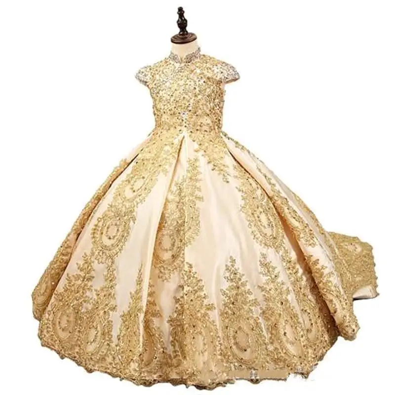 

Gold Glitz Ball Gown Princess Little Girls Pageant Dresses Little Girls Camo Flower Girl Dresses With Beads Applique Cap Sleeve