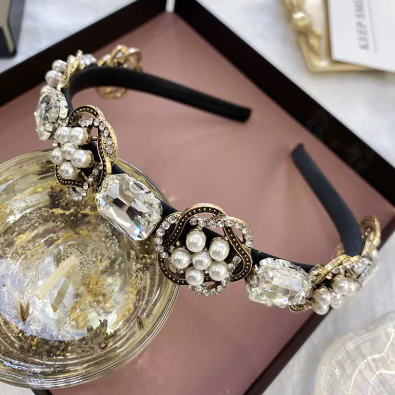 

Women Elegant Pearl Hairband Bezel Headband Full Rhinestone Hair Bands Top Metal Handmade Crystal Head hoop Hair Accessories