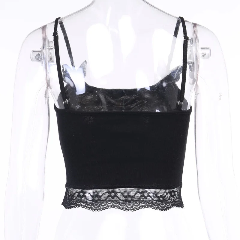 

Black Goth Basic Women Short Camis Patchowrk Sexy Hipster Fashion Top 3D Butterfly Strap Reflective Letter Lace 2020 Summer Lady
