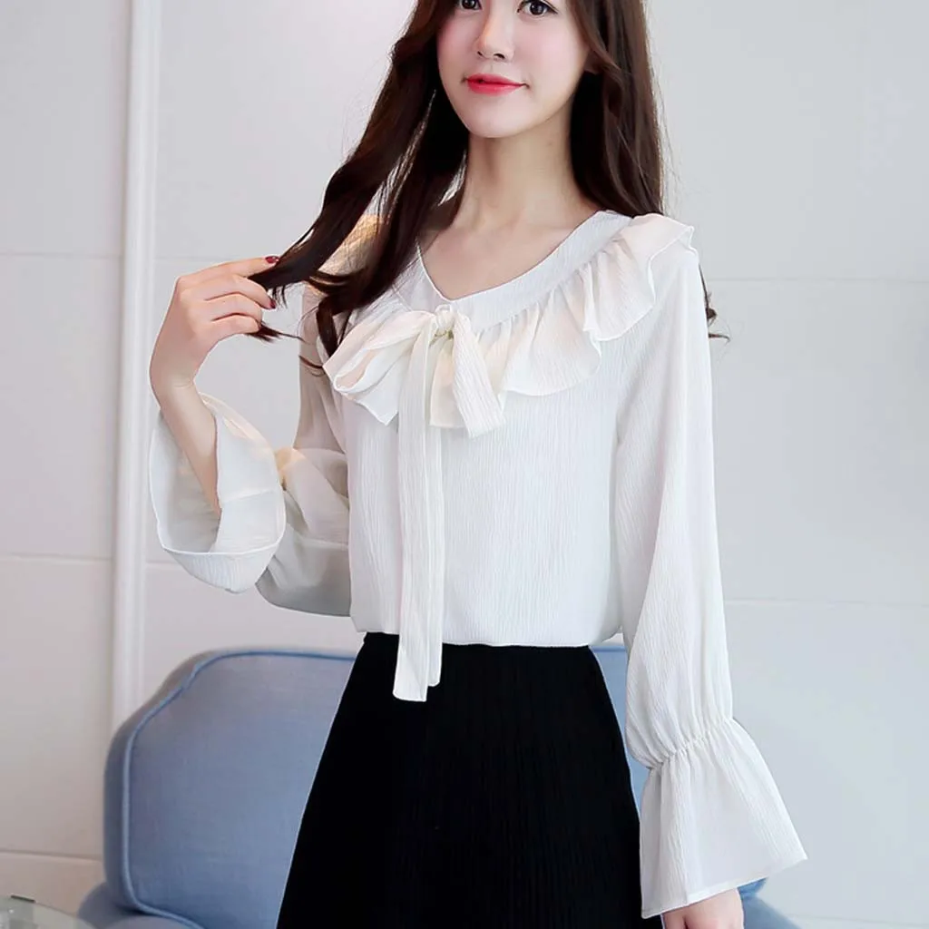 Женская мода галстук-бабочка оборки длинный рукав свободная тонкая шифоновая