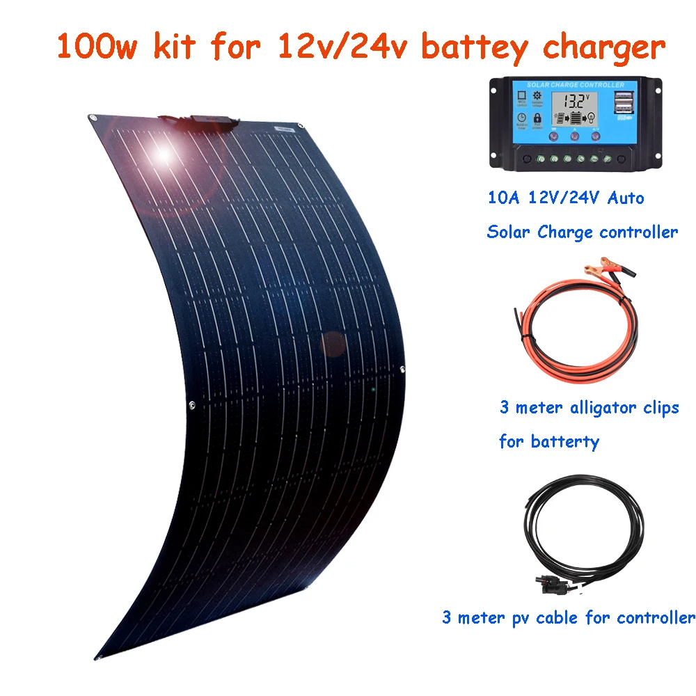 12V гибкая солнечная панель 200 Вт 100 Вт зарядное устройство для аккумулятора для каравана, автомобиля, лодки с 24V контроллером и 1000 Вт инвертером.