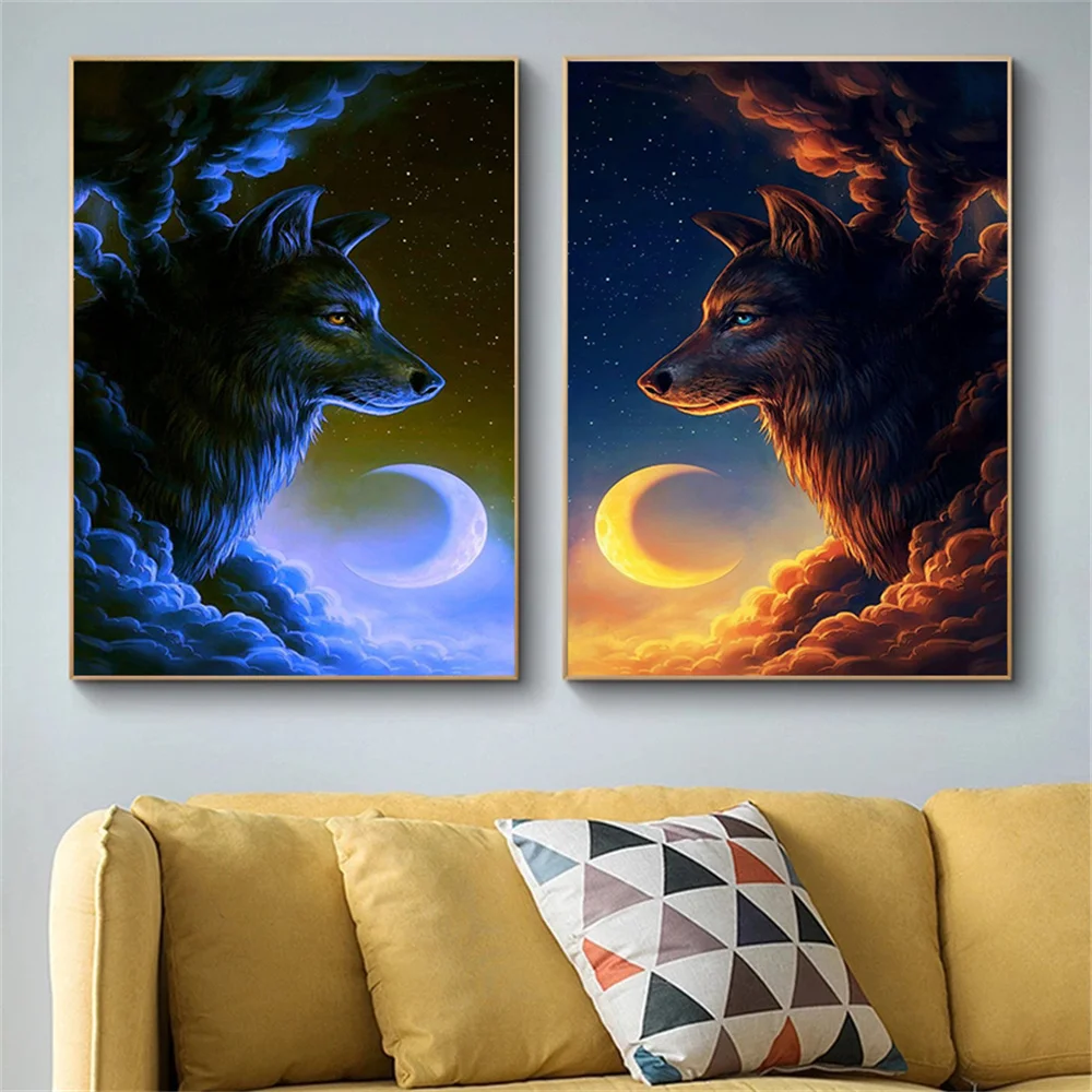 

Moon and wolf Canvas Paintings on the Wall Art Posters and Prints Modern Animal Art Pictures For Living room Home Wall Decor